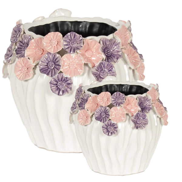 Assorted Pink & Purple Flower Trimmed Planter, INDIVIDAULLY SOLD