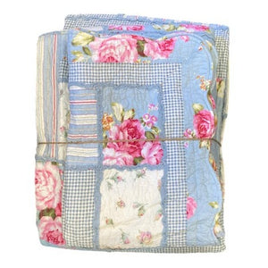 Blue Floral Checkered Queen Size Quilt And Pillow Shams