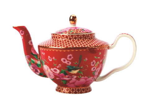 Red Lattice And Floral Teapot