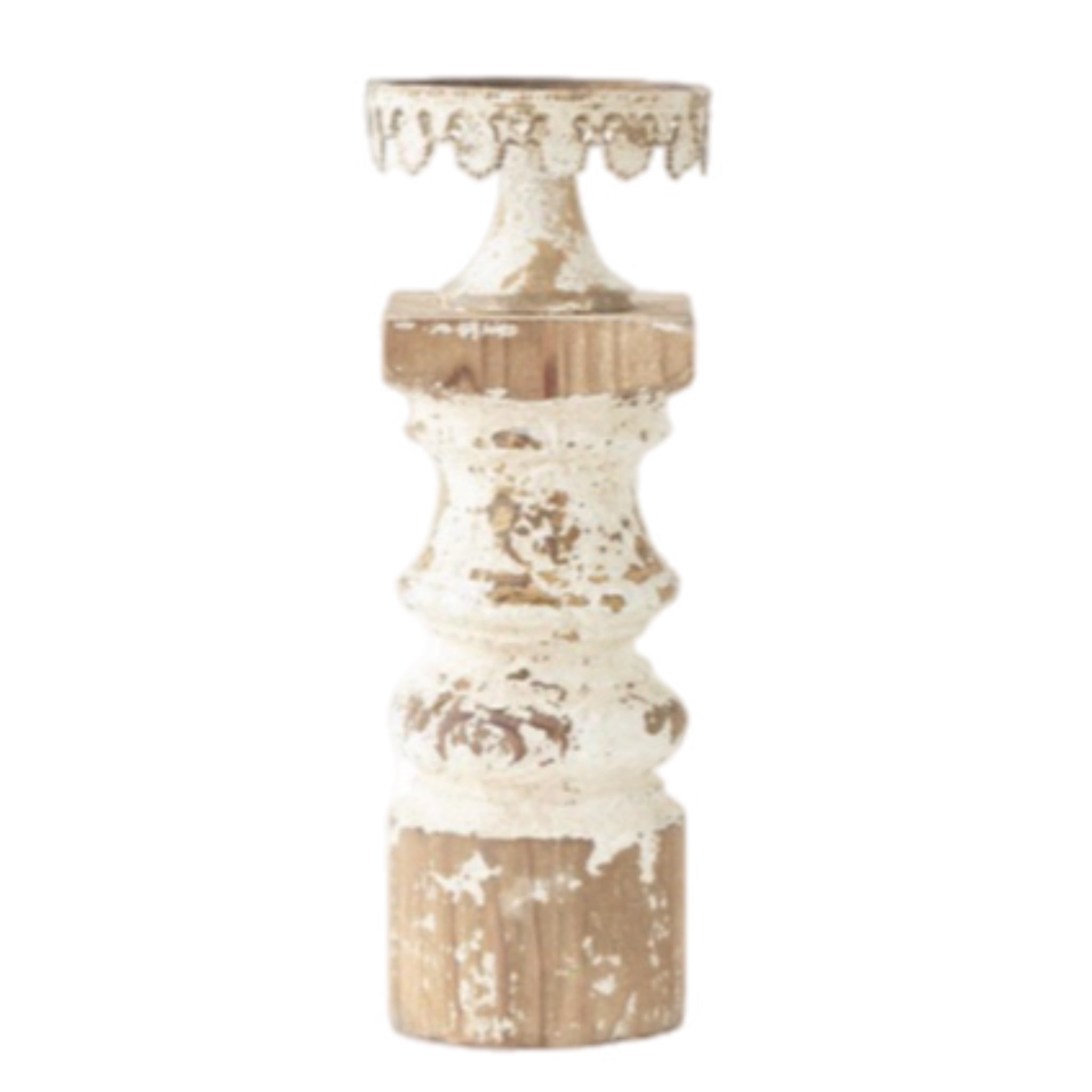 Small White Destressed Pillar Candle Holder