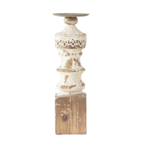 Medium White Destressed Pillar Candle Holder