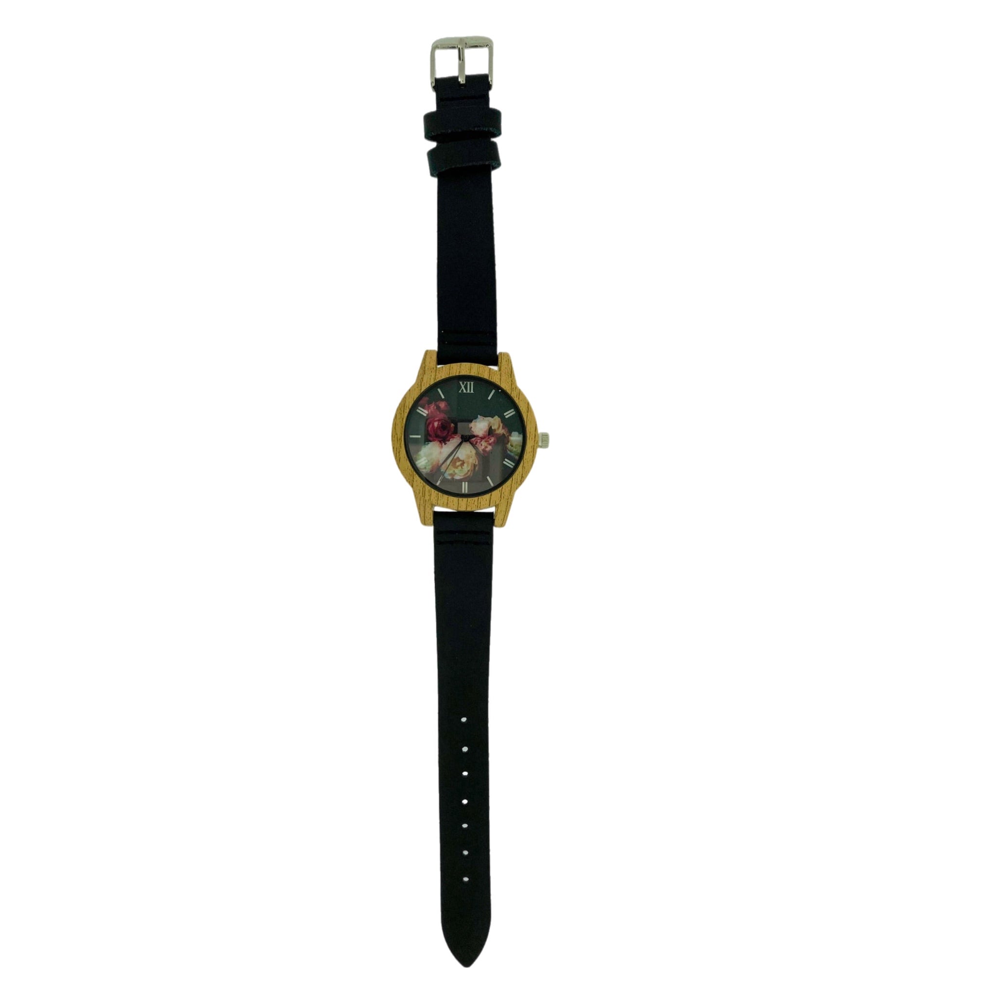 Black Wood Rose Ladies Jewelry Watch