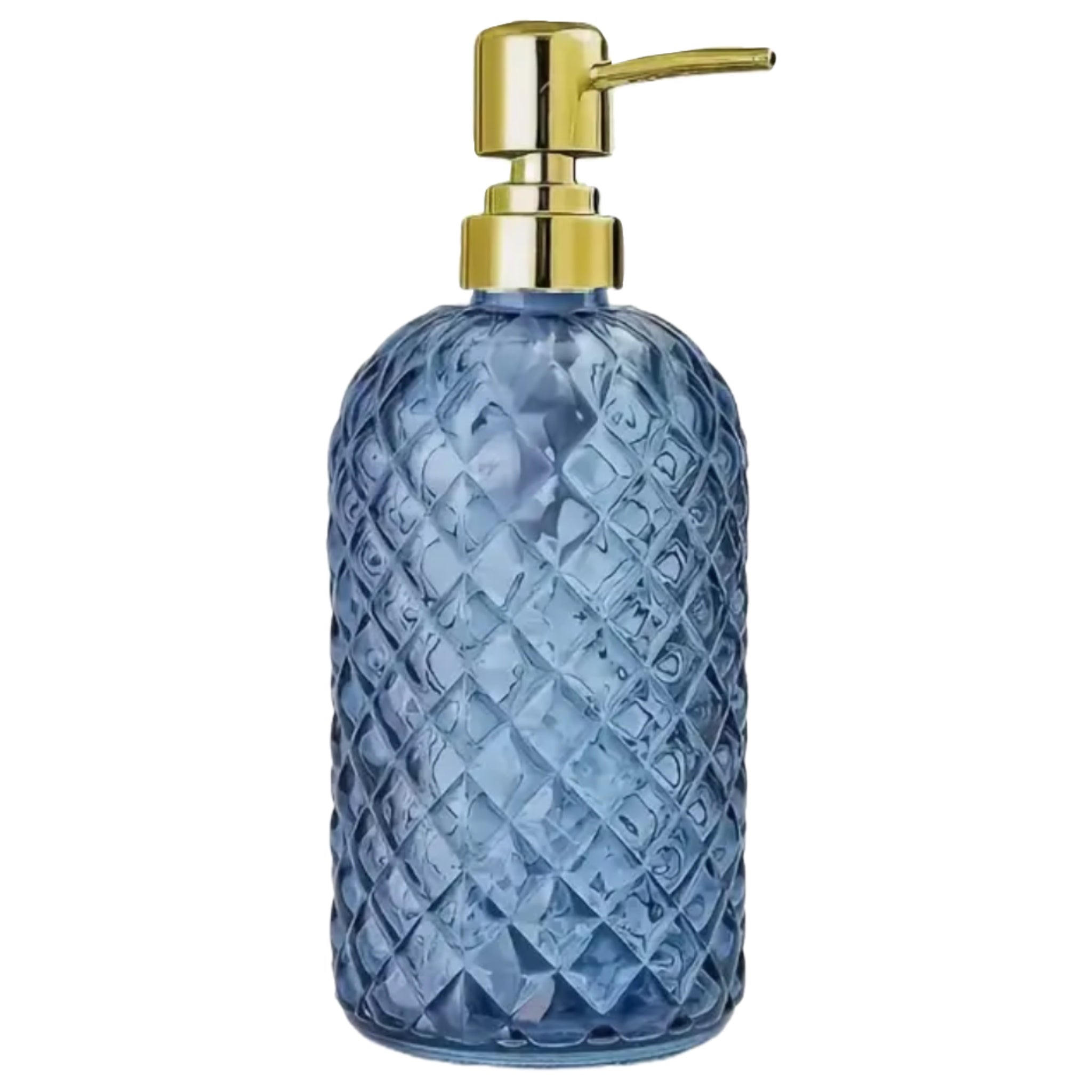 Blue Etched Soap Dispenser With Gold Top