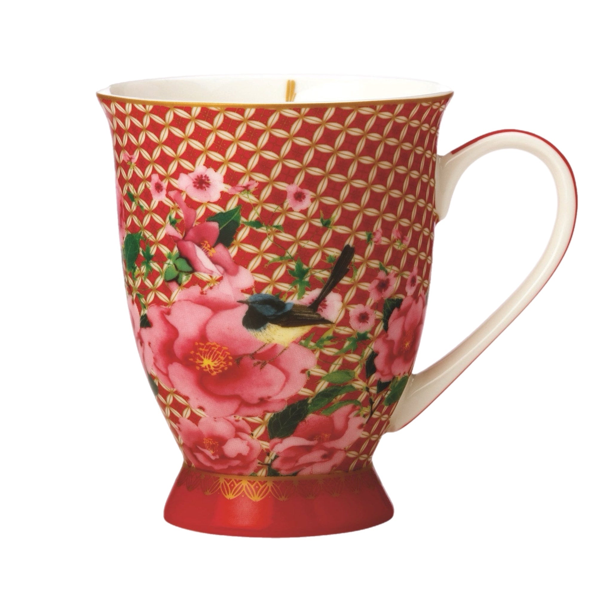 Red Lattice And Floral Footed Mug