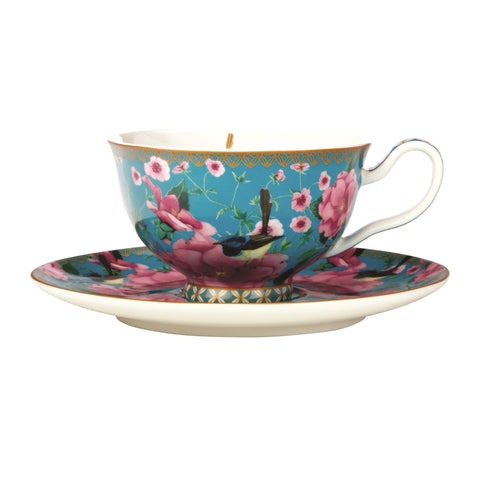 Aqua Floral Teacup And Saucer