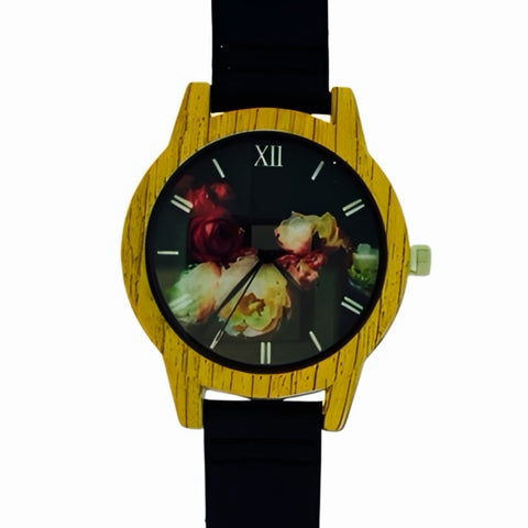 Black Wood Rose Ladies Jewellery Watch