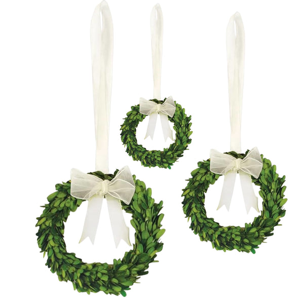 Assorted 9" Boxwood Wreath With Cream Ribbon, INDIVIDUALLY SOLD