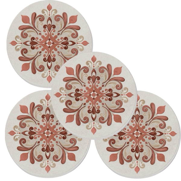 Burgundy & Beige Mandala Coasters, Set Of 4