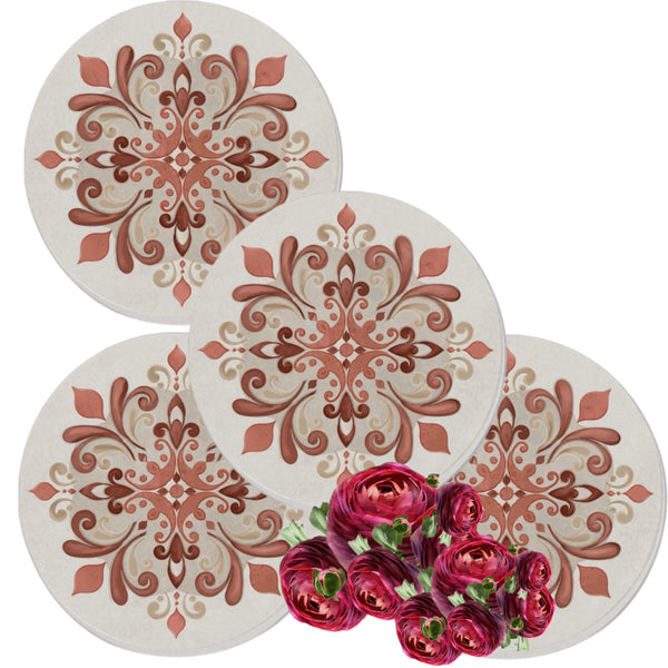 Burgundy & Beige Mandala Coasters, Set Of 4