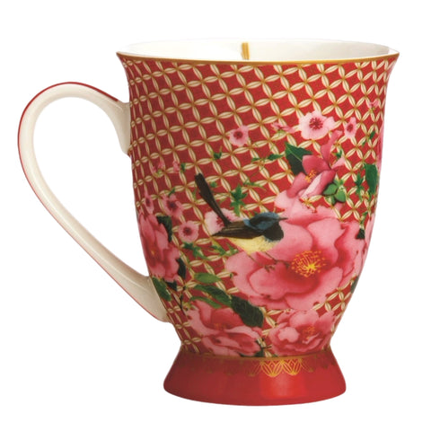 Red Lattice And Floral Footed Mug